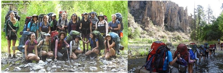 Image of GALS outdoors walking thru a trail and a group picture in full backpacking gear