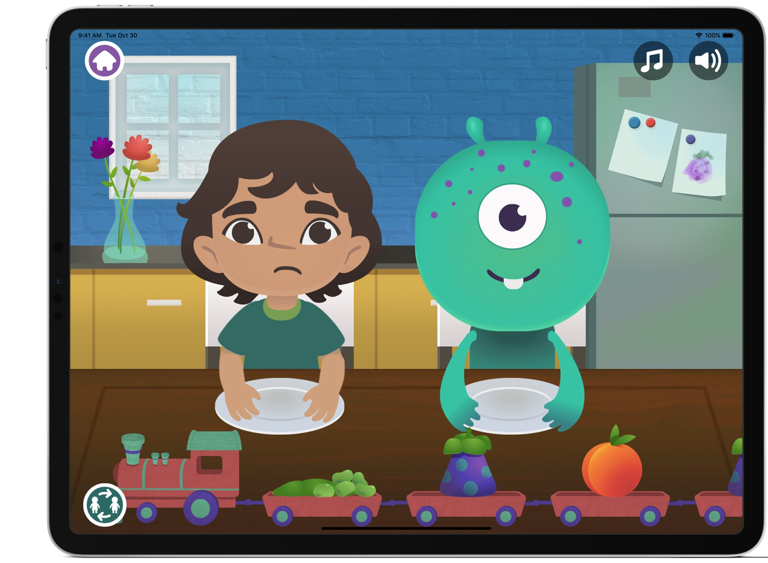 Tasting Party Express - two characters, unhappy boy and happy creature, sitting in kitchen with plate and different kinds of fruits