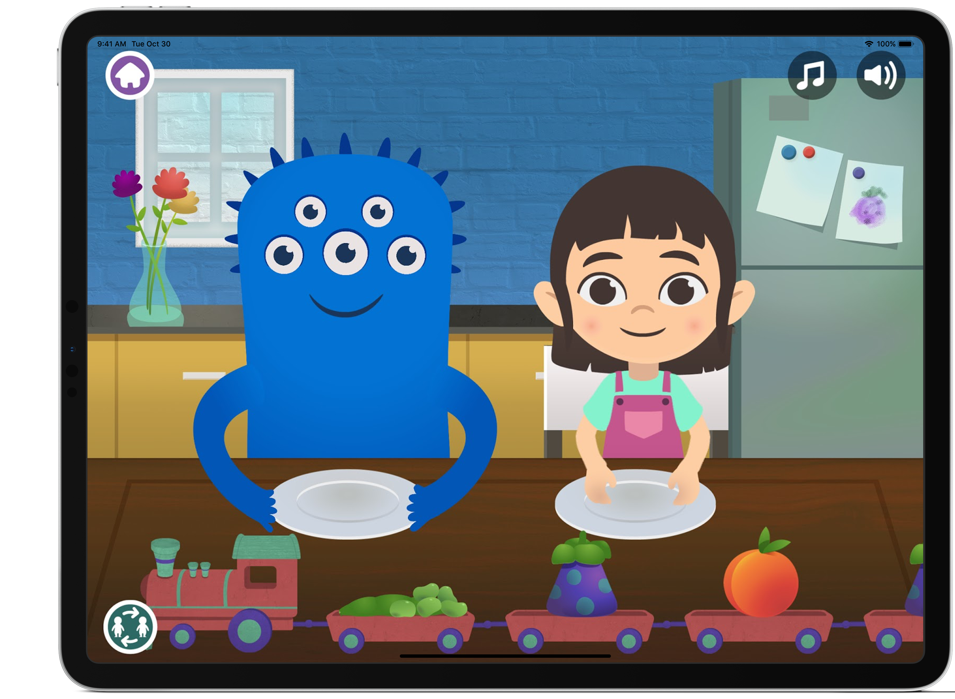 Tasting Party Express - two characters, happy girl and blue creature sitting in kitchen with plate and different kinds of fruits 