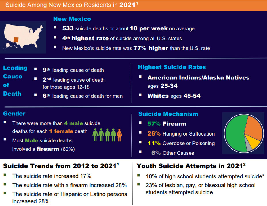 Suicide infographic with statistics about suicide rates in New Mexico during 2021