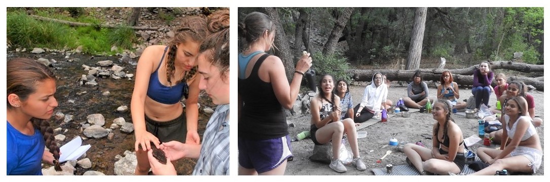 Images of GALS on an outdoor trail, writing notes, or doing research
