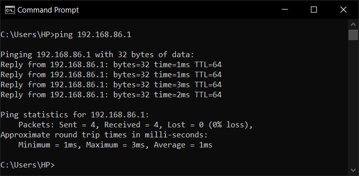 Ping result shows latency and timeouts