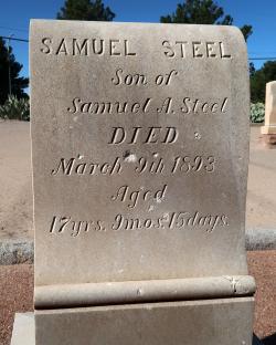 Grave stone Engraved with Sam Steel Son of Samual Steel Died March 9th 1893, Age 17 yrs. 9 mos. 15 days.