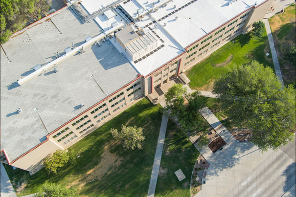 Scenic view of Gerald Thomas Hall and the campus grounds