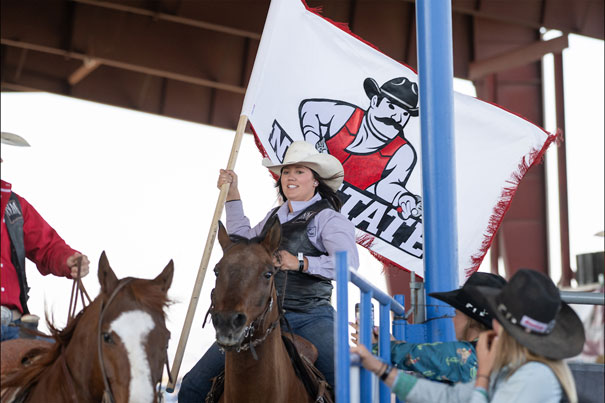 A rider carries the NMSU flag on horseback at an NMSU rodeo.